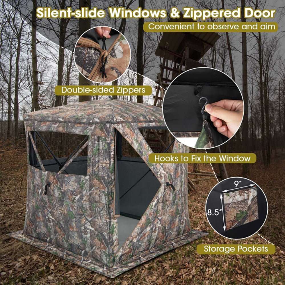 Portable pop up hunting blind tent with camouflage pattern and storage pocket in outdoor setting