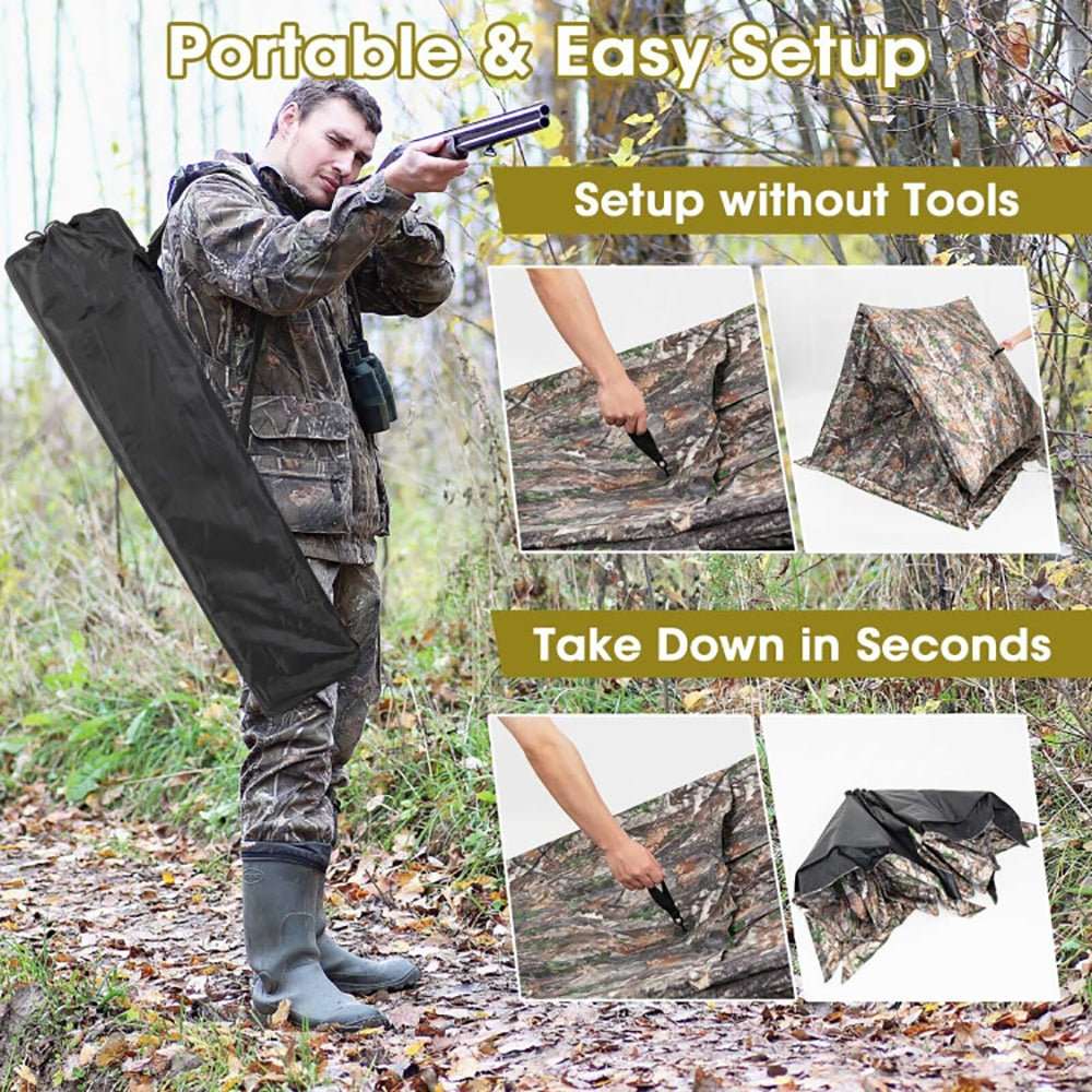 Portable pop up hunting blind tent in camouflage with storage pocket and see-through windows for unobstructed 270° view