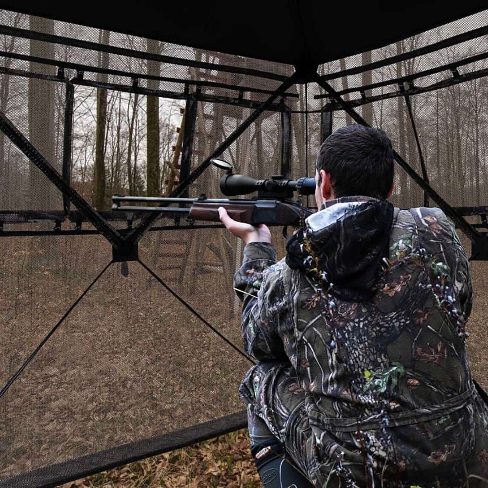Portable pop up hunting blind tent with camouflage, see-through windows, and storage pocket for all-weather stealth and protection