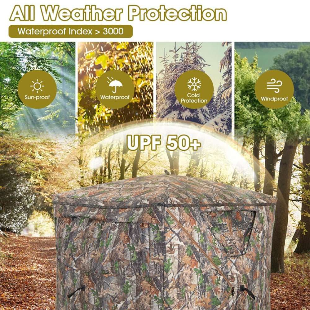 Portable pop up hunting blind tent in camouflage with storage pocket and see-through windows for 270° view
