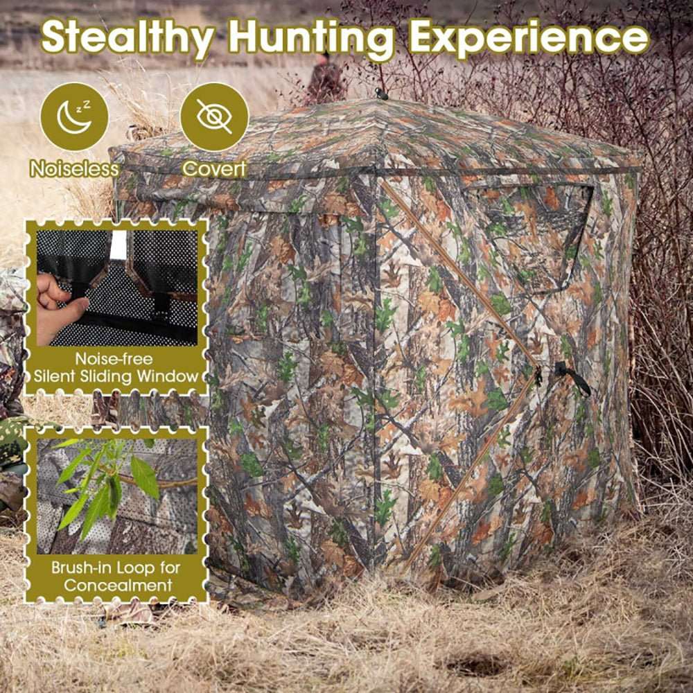 Portable pop up hunting blind tent with camouflage pattern and storage pocket for all-weather outdoor use