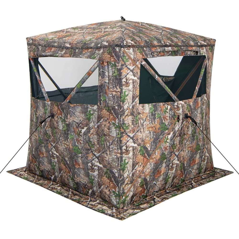 Portable pop up hunting blind tent with camouflage pattern, 270° view, flame-retardant blackout cloth, and storage pocket.
