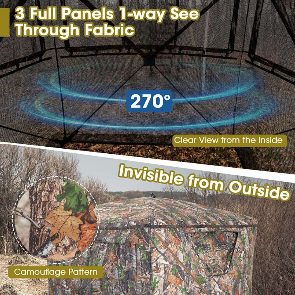 Portable pop up hunting blind tent with camouflage design and storage pocket for all-weather outdoor use
