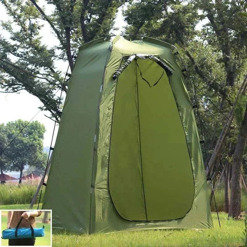 Portable privacy shower tent set up outdoors for camping and beach use