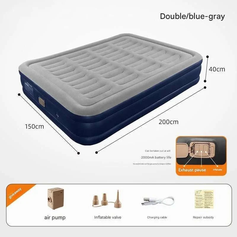 Portable PVC inflatable bed with built-in pump for camping, elevated 16-inch height, fiber-tech support, and soft velvety surface