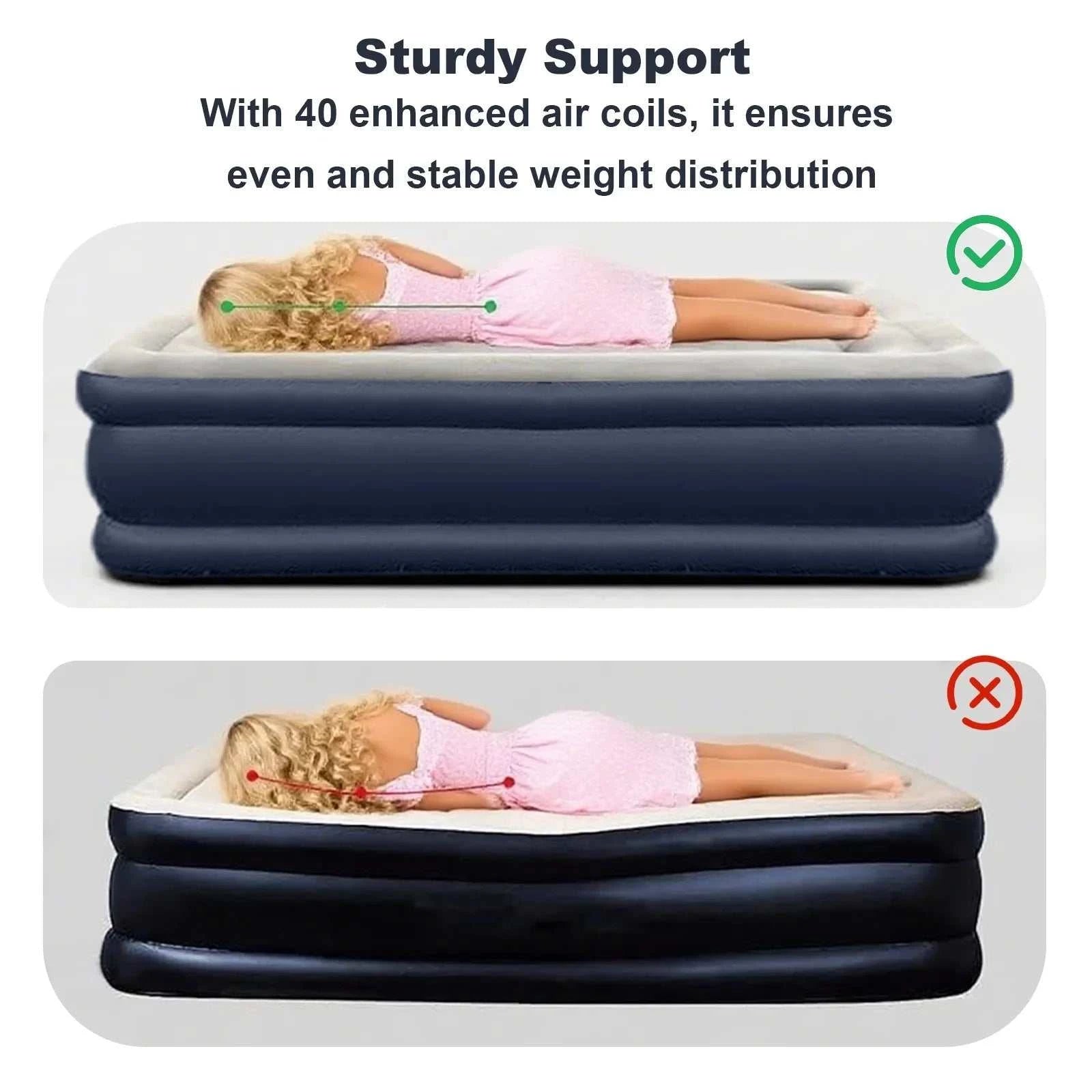 Portable PVC inflatable bed with built-in pump for camping featuring Fiber-Tech design and elevated height