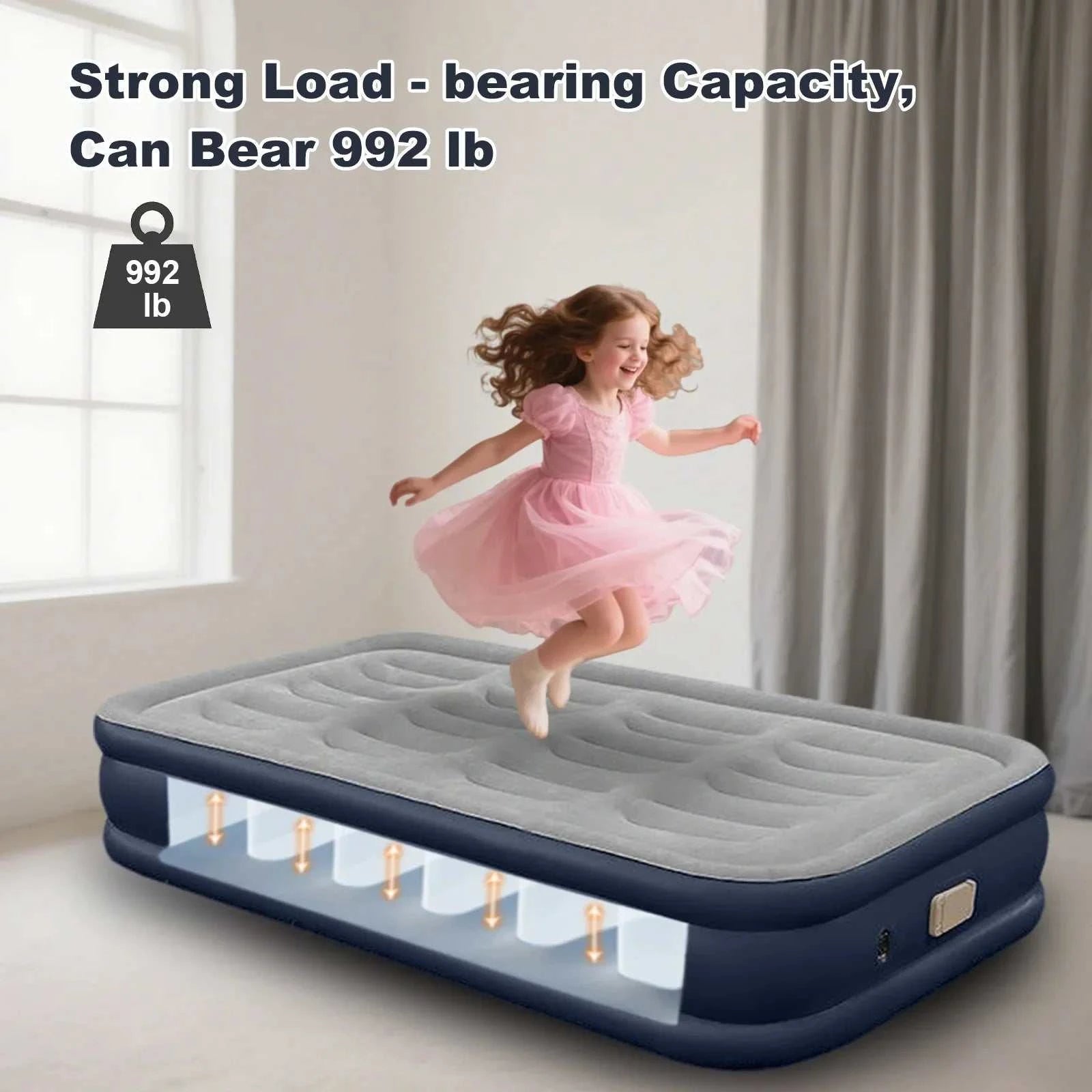 Portable PVC inflatable bed with built-in pump for camping featuring Fiber-Tech design and elevated height