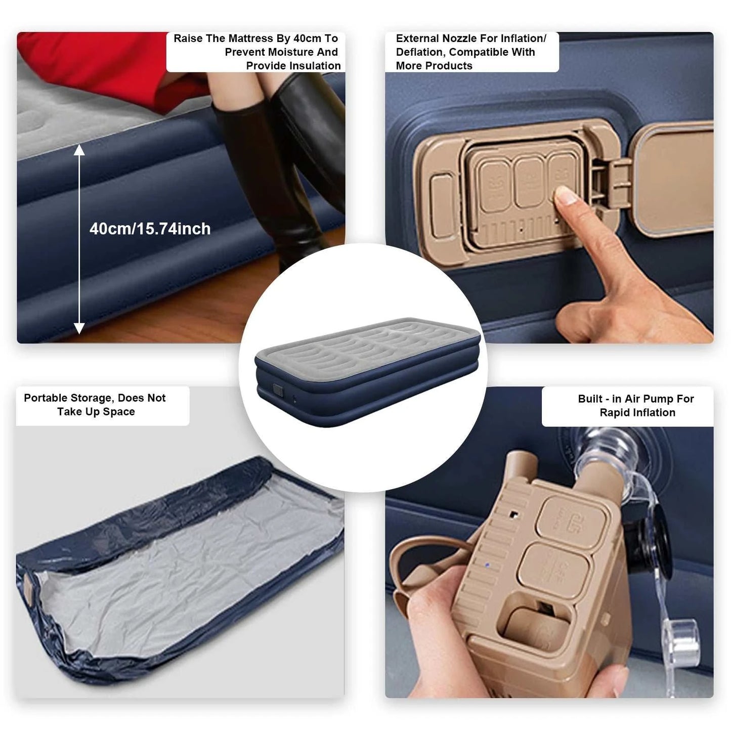 Portable PVC inflatable bed with built-in pump for camping, featuring Fiber-Tech design and elevated height for comfort and easy setup