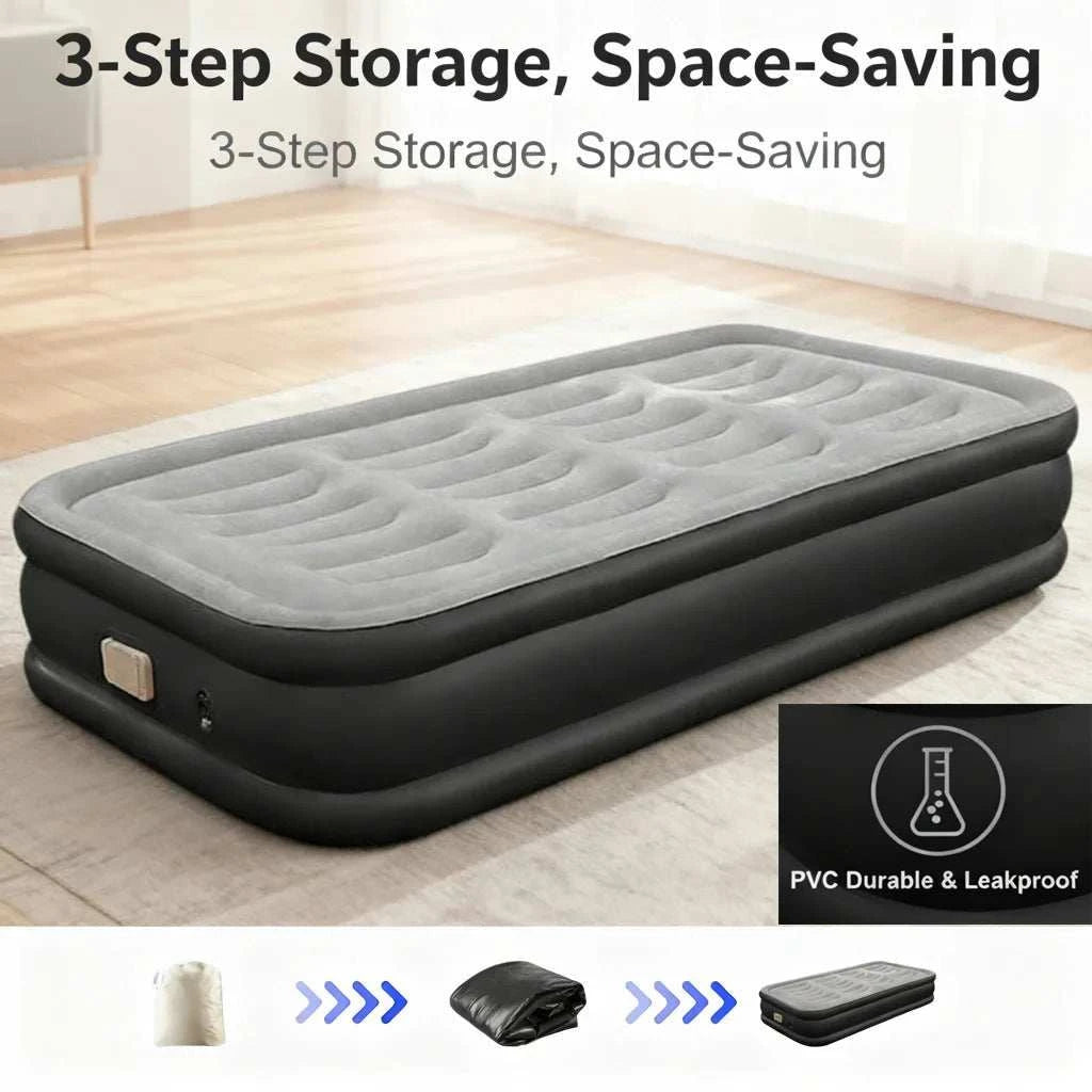 Portable PVC inflatable bed with built-in pump for camping, elevated 16-inch height, Fiber-Tech support, and soft velvety surface
