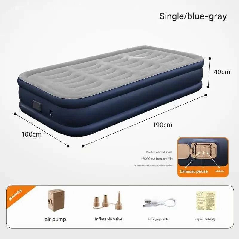 Portable PVC inflatable bed with built-in pump for camping, elevated 16-inch height, fiber-tech support, and velvety surface