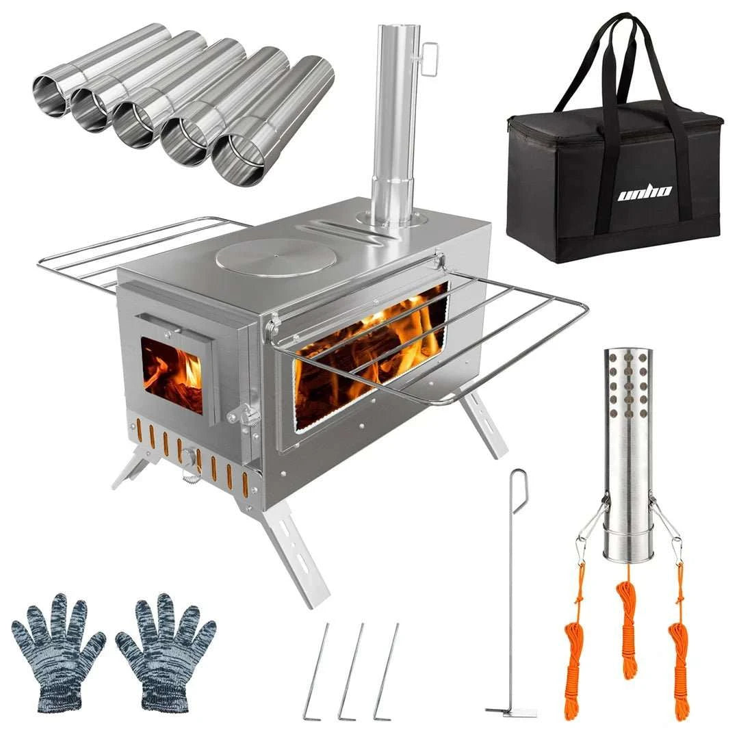 Portable stainless steel wood-burning stove with chimney pipes, carry bag, and accessories for camping and backpacking trips