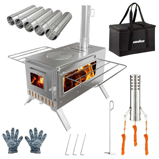 Portable stainless steel wood-burning stove with chimney pipes, carry bag, and accessories for camping and backpacking trips