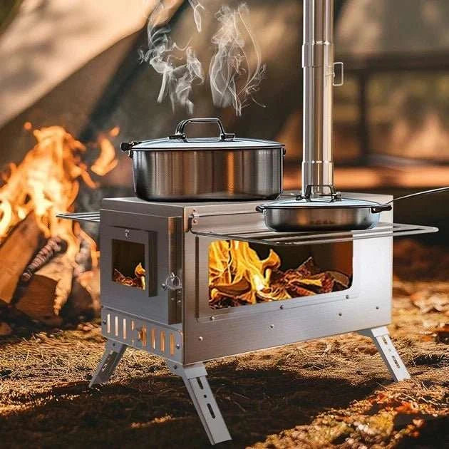 Portable stainless steel wood-burning stove with chimney pipes and carry bag for camping and backpacking