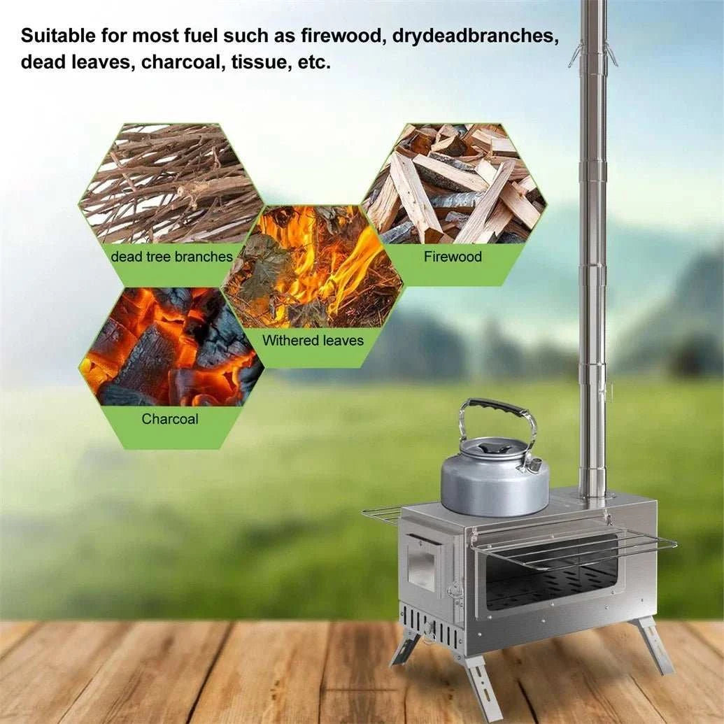 Portable stainless steel wood-burning stove with seven chimney pipes and carrying bag for camping and backpacking.