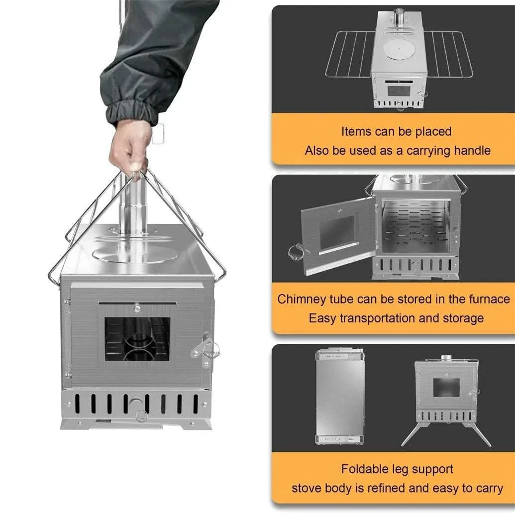 Lightweight portable stainless steel wood-burning stove with chimney pipes and carry bag for camping and backpacking.
