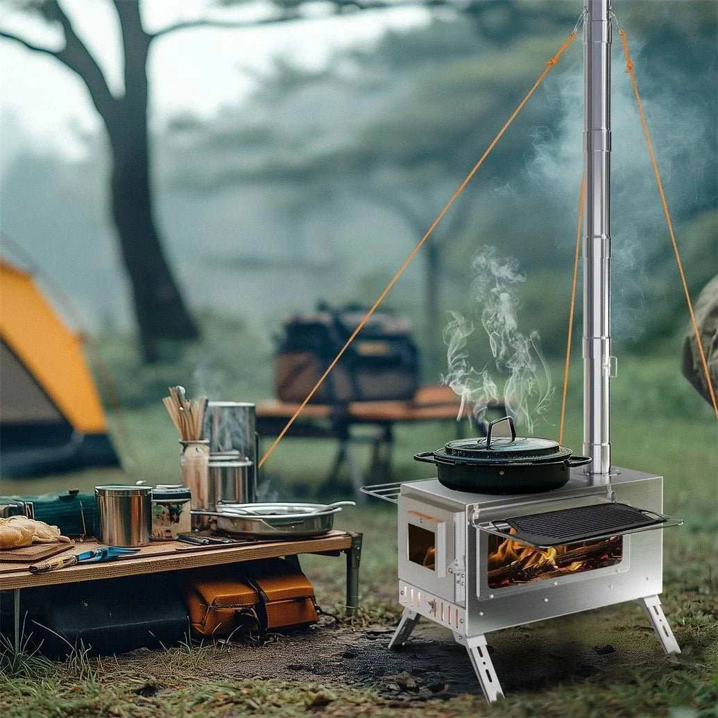 Compact stainless steel wood-burning stove with carry bag, chimney pipes, and camping accessories for backpacking and outdoor use.