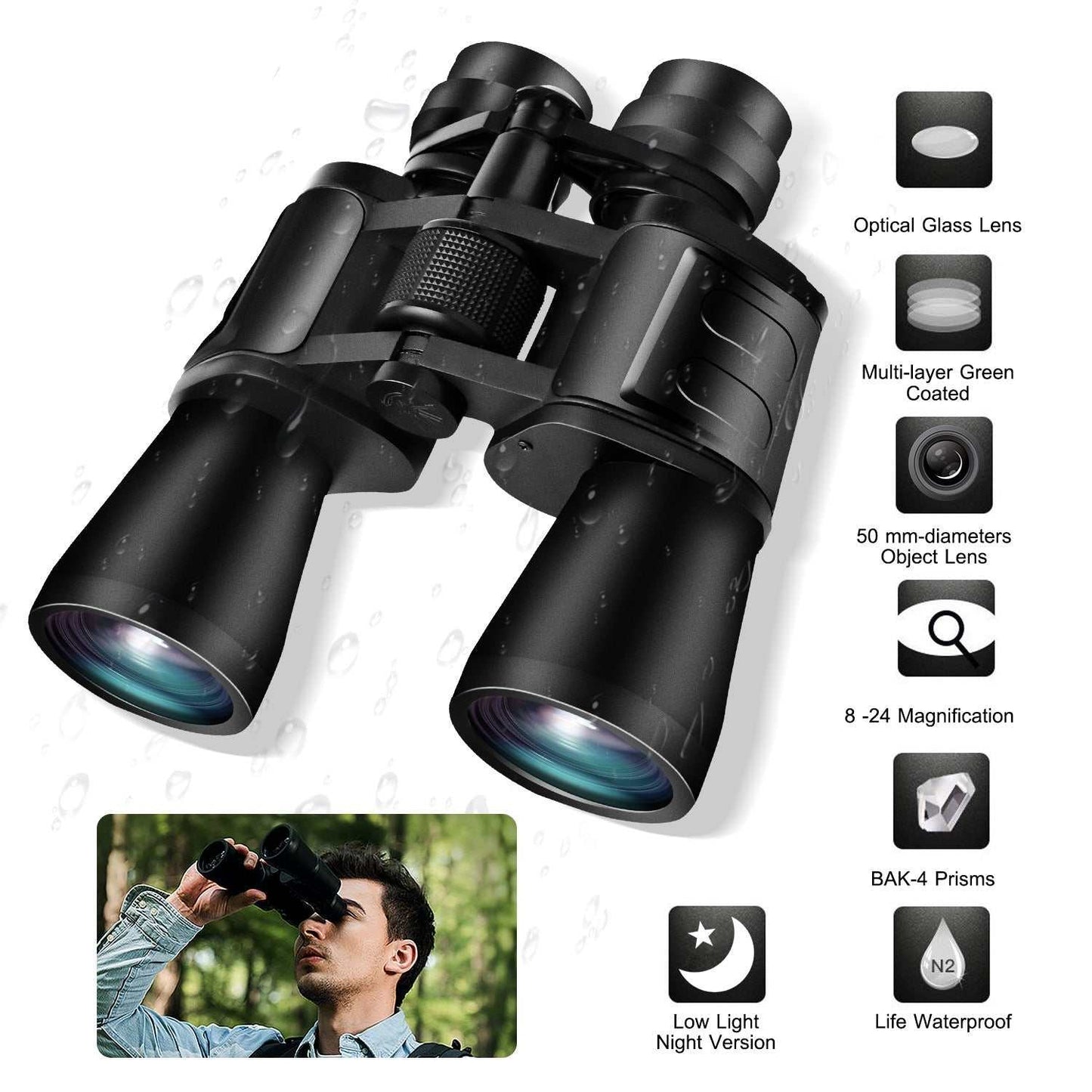 Portable zoom binoculars with FMC lens for clear bird watching views