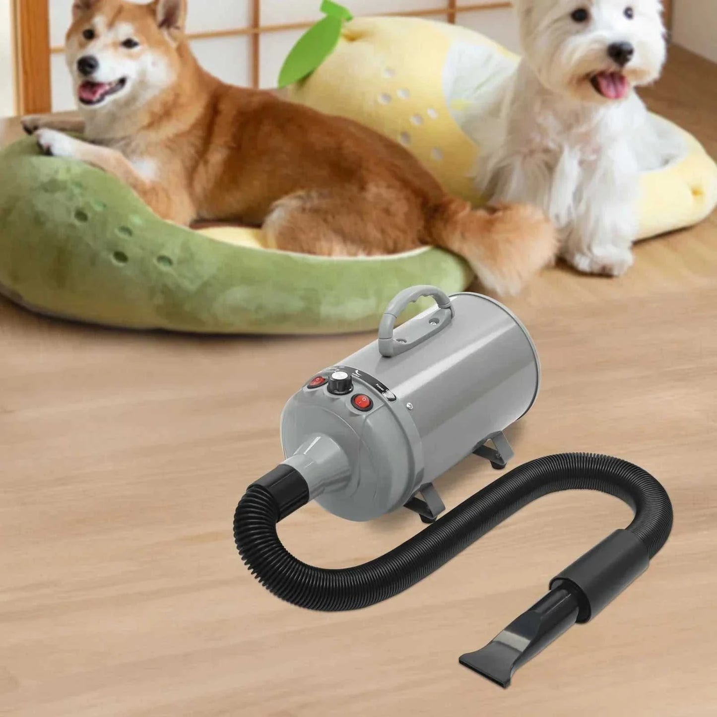 Professional 2200W pet hair dryer with four nozzles and adjustable settings for efficient grooming