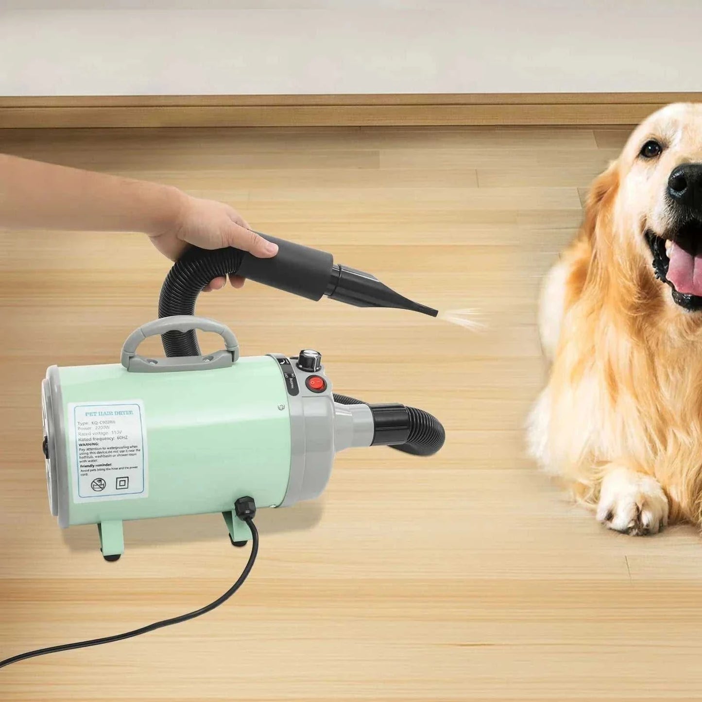 Professional 2200W pet hair dryer with four nozzle attachments for salon-quality grooming