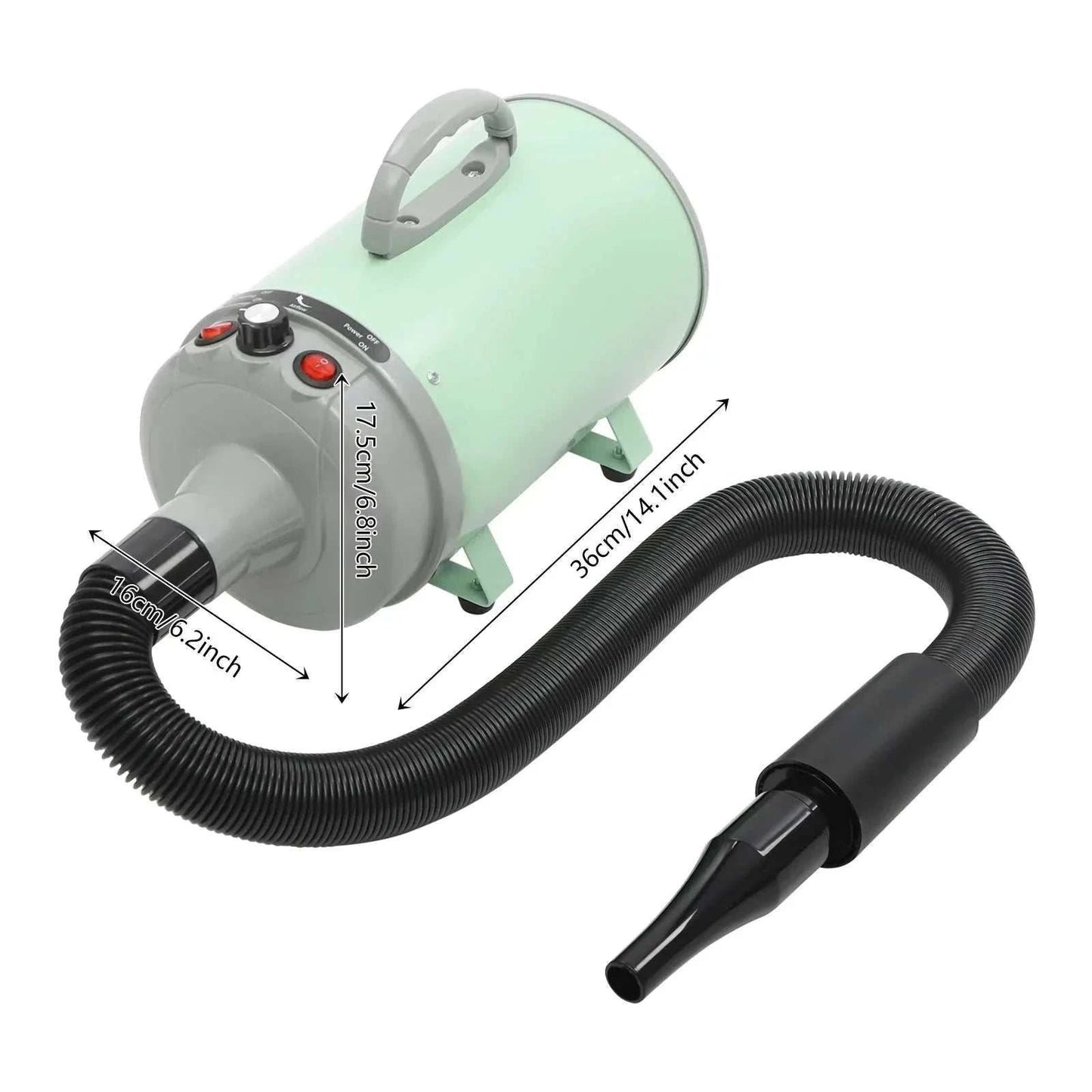 Professional 2200W pet hair dryer with four nozzle attachments and adjustable heat settings