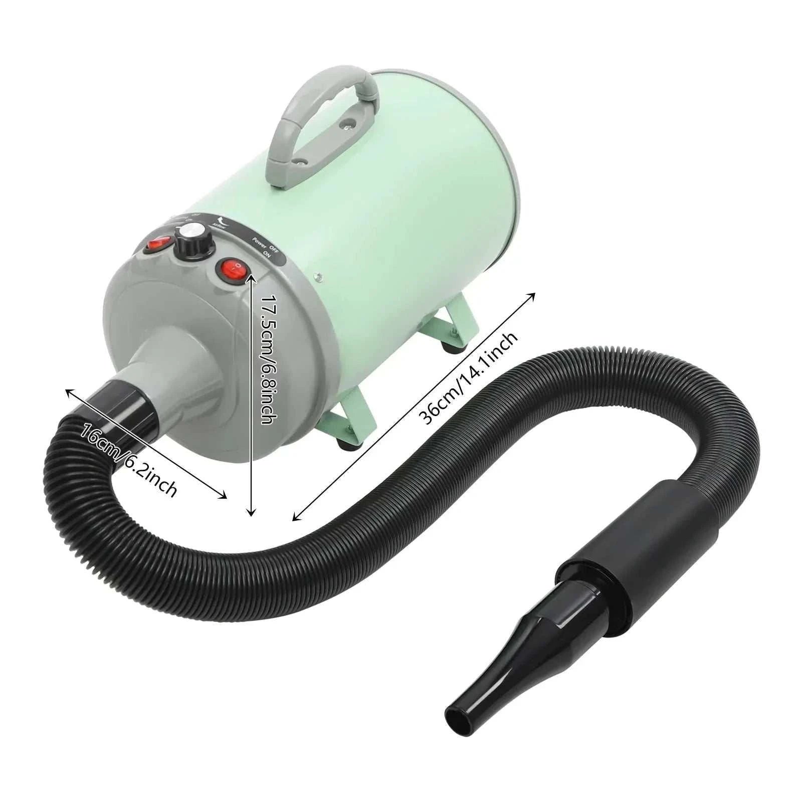 Professional 2200W pet hair dryer with four nozzle attachments and adjustable heat settings