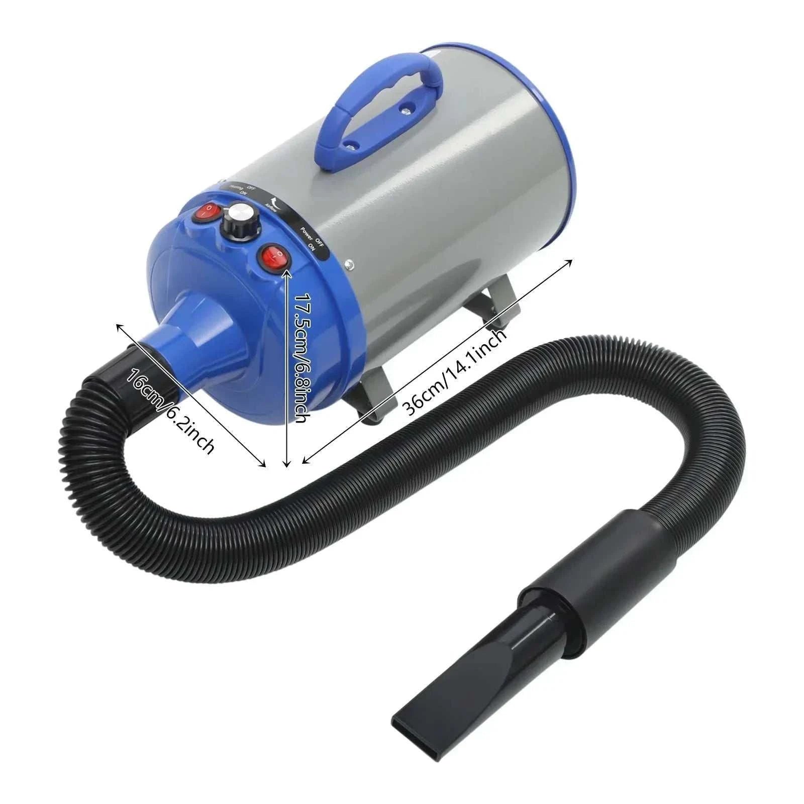 Professional 2200W pet hair dryer with four nozzles and adjustable heat and wind settings for efficient grooming