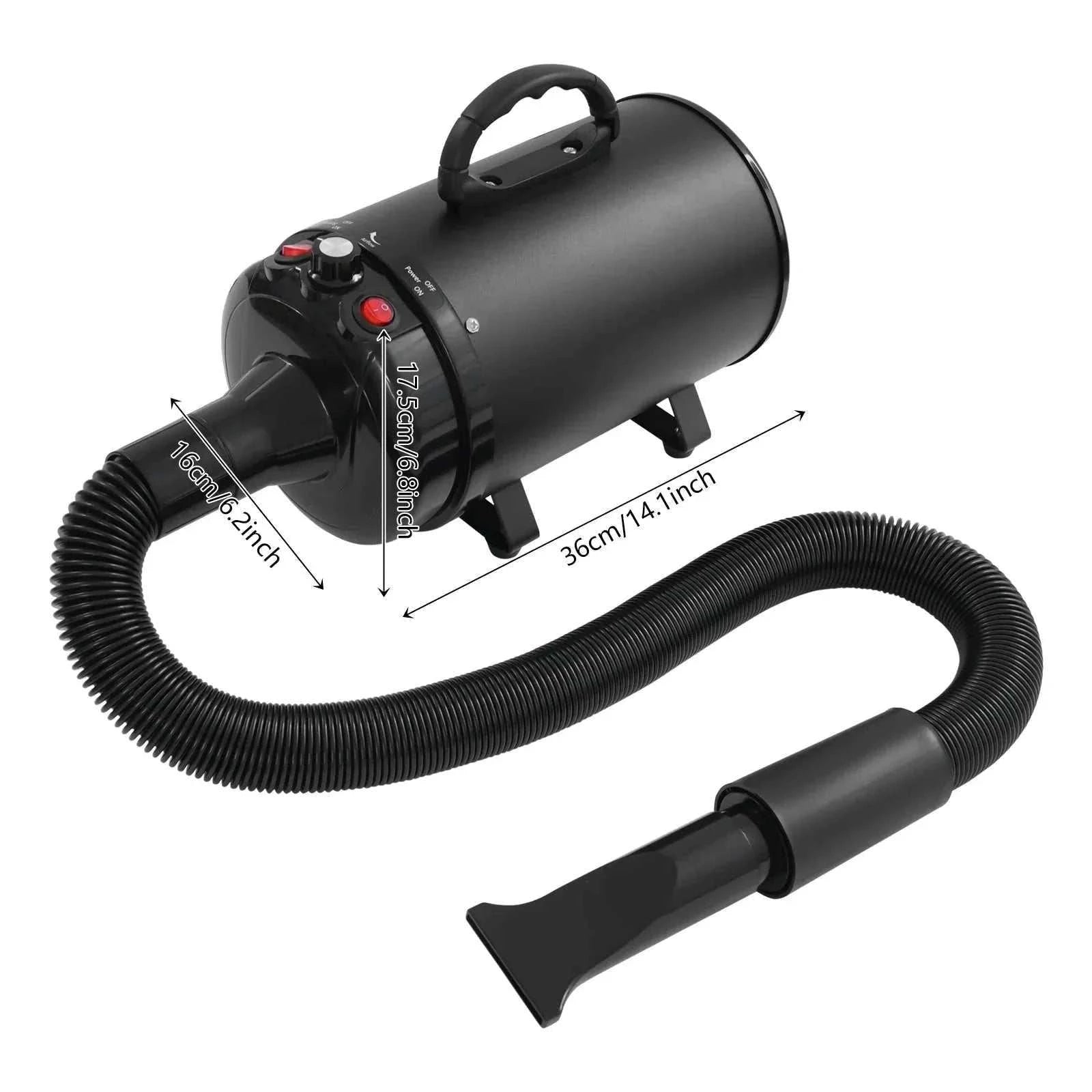 Professional 2200W pet hair dryer with four nozzles and adjustable heat settings for efficient grooming