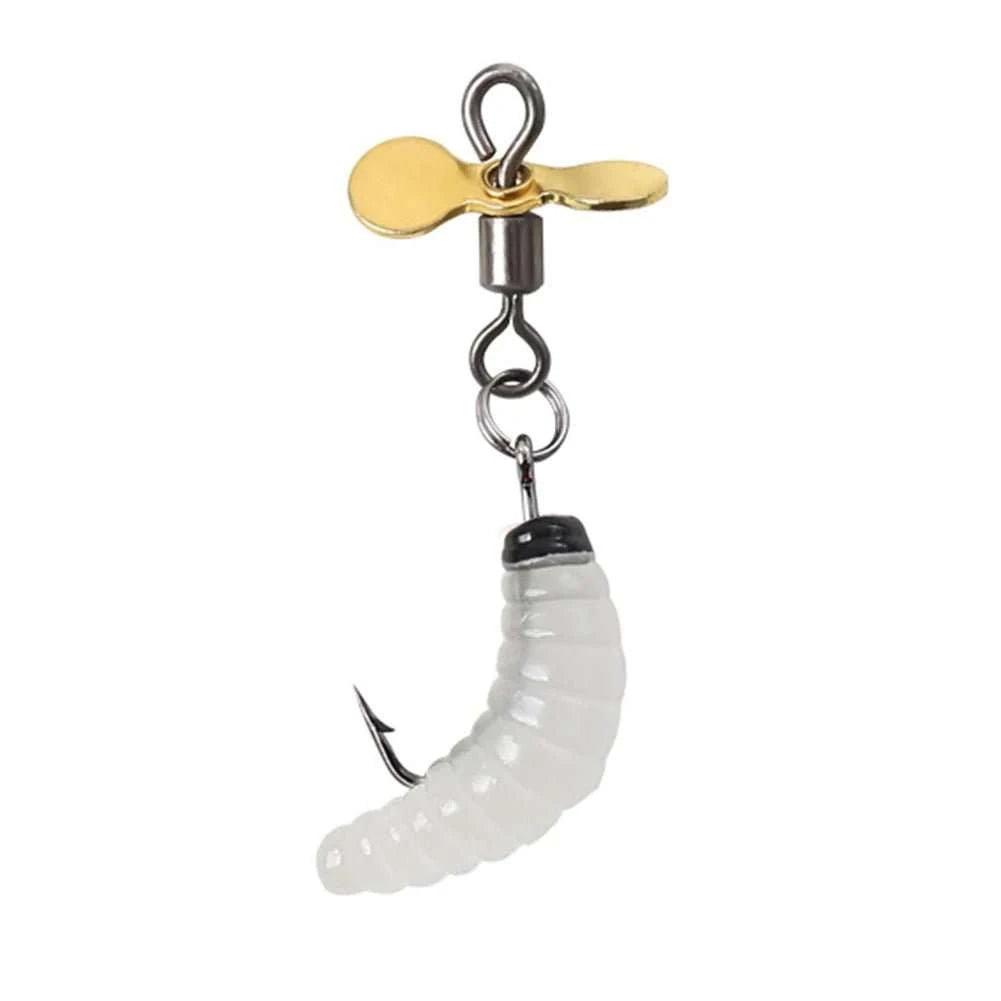 Propeller Spinner Worm Bait soft maggot silicone fishing lure with propeller blade for trout, perch, and bass.