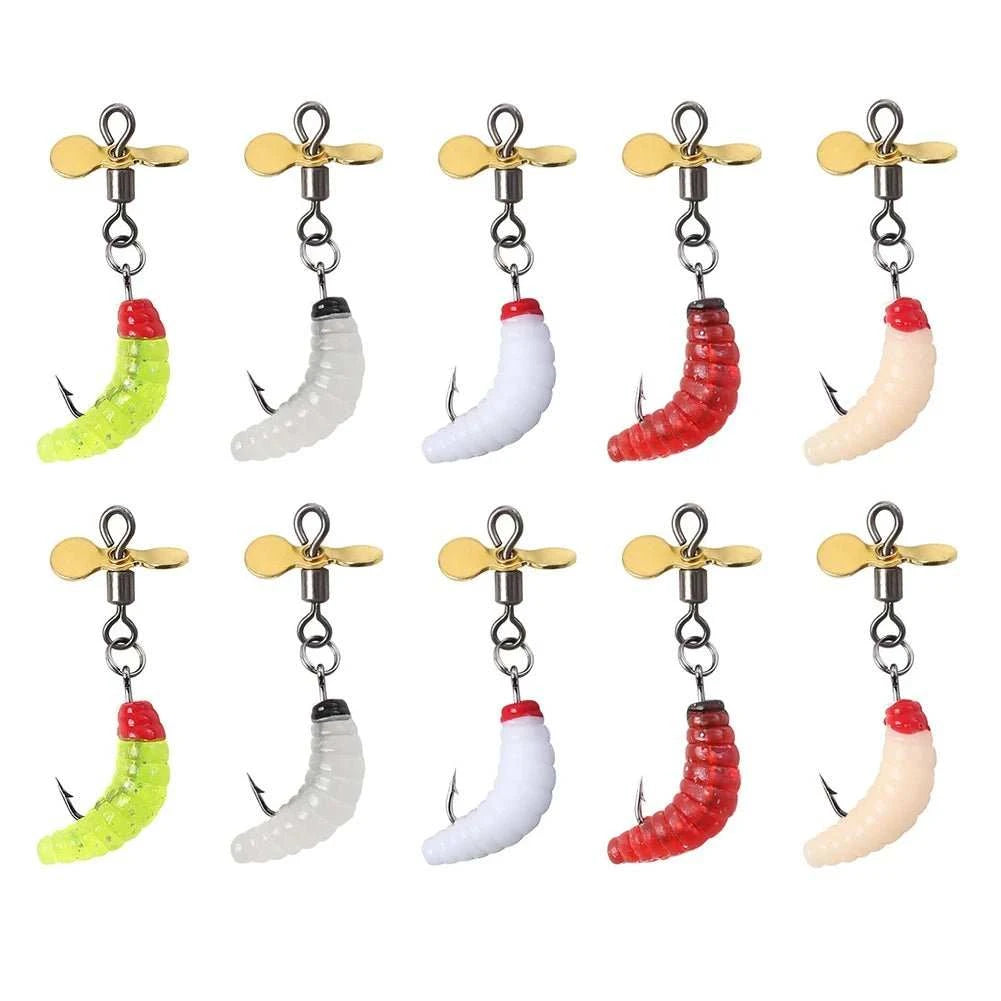 Propeller Spinner Worm Bait silicone maggot lure with red head and propeller blade for trout bass perch fishing