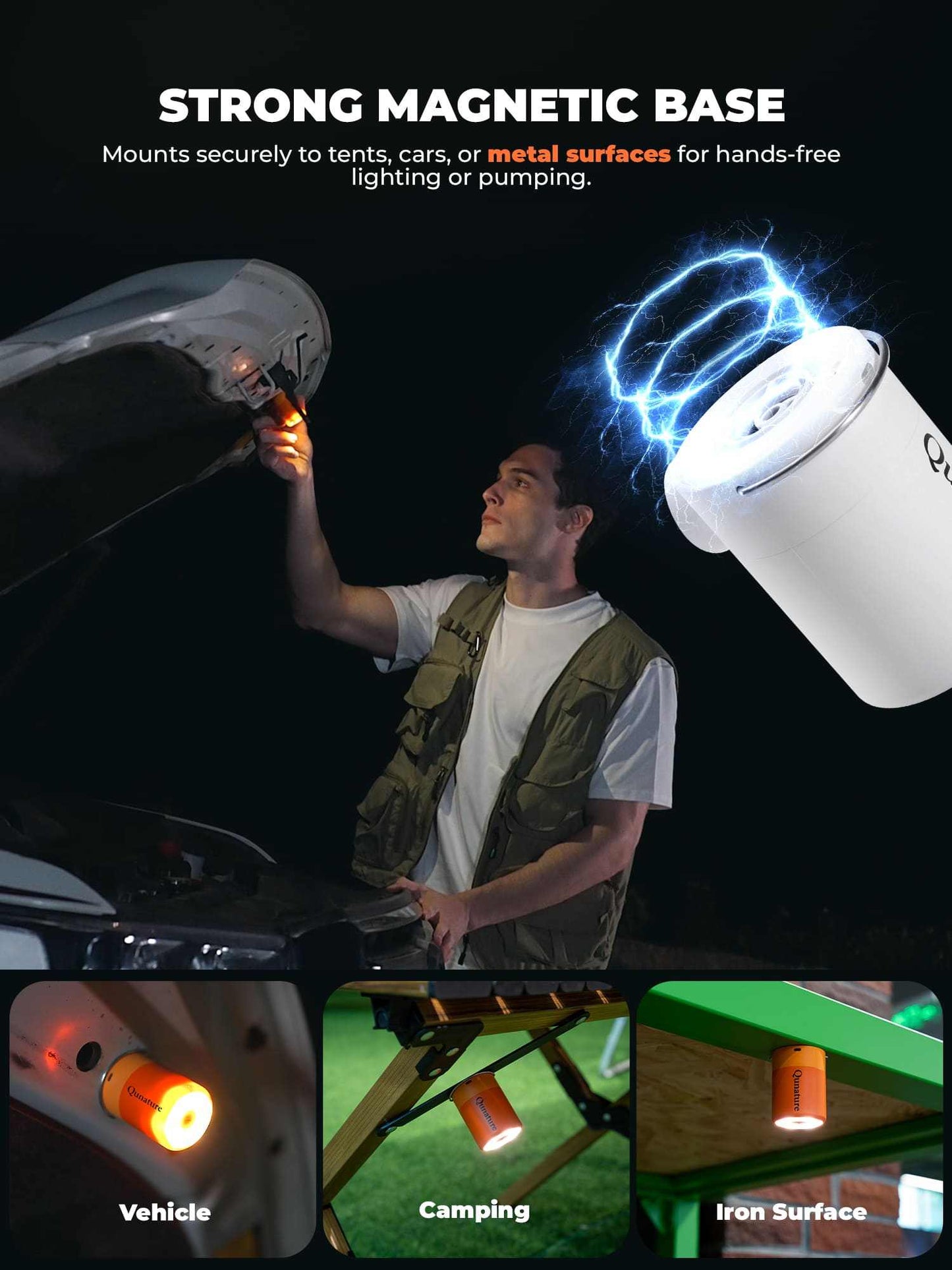 Qunature Atomic Mini Electric Air Pump portable inflator with LED light and multiple nozzles for camping and travel