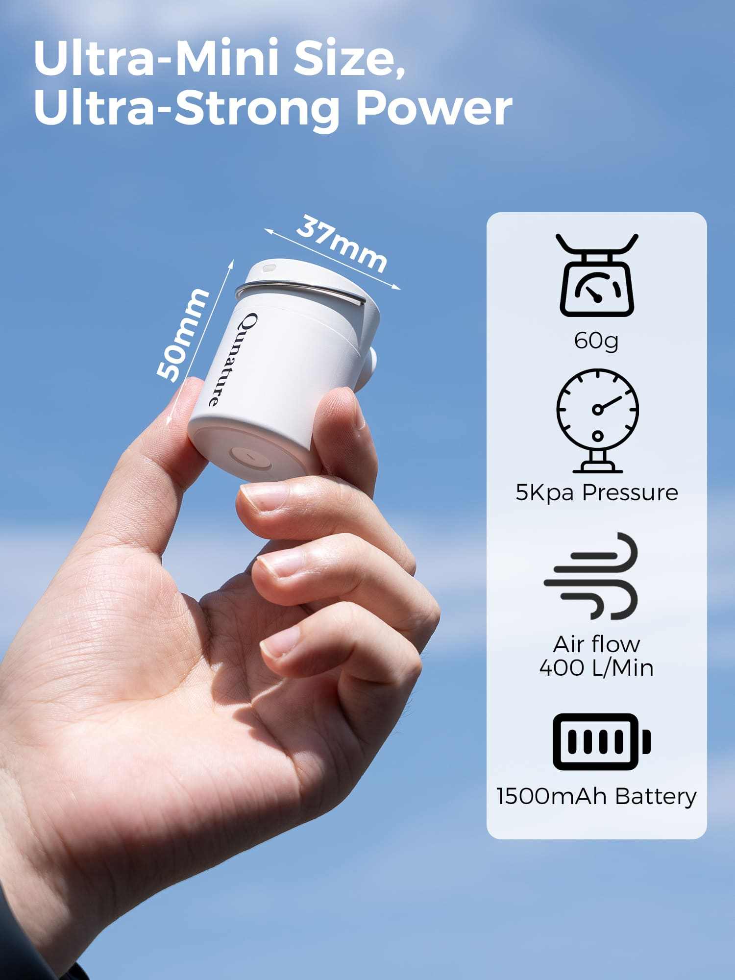 Qunature Atomic Mini electric air pump compact portable inflator with LED light and multiple nozzles for camping and travel