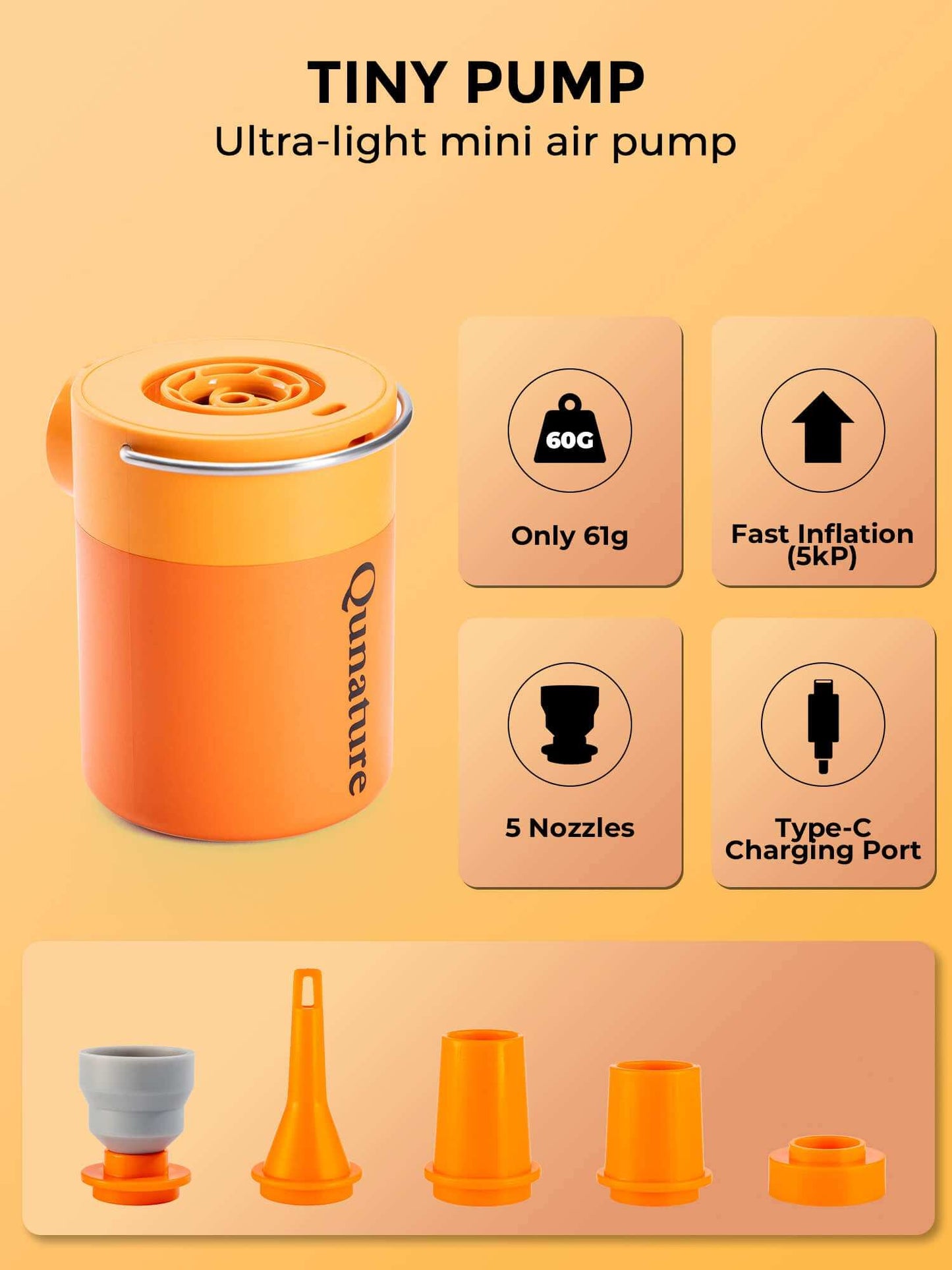 Qunature Atomic Mini Electric Air Pump portable inflator with LED light and multiple nozzles for camping and pool use