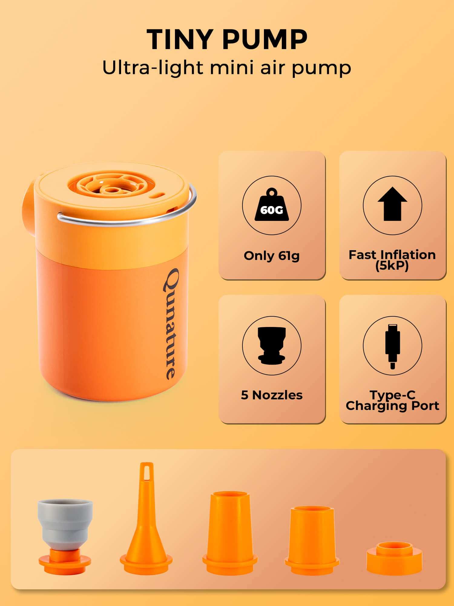 Qunature Atomic Mini Electric Air Pump portable inflator with LED light and multiple nozzles for camping and pool use