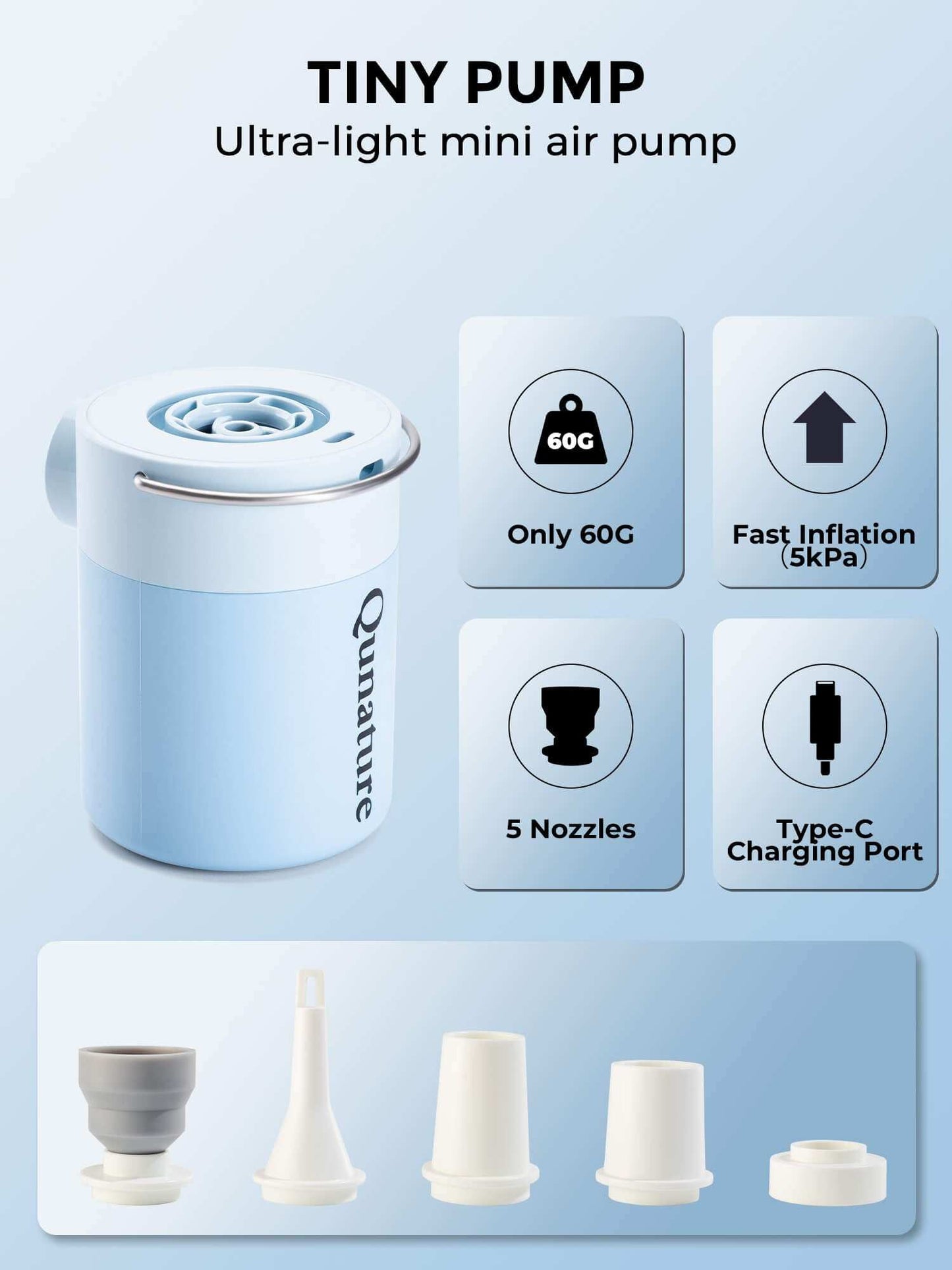 Qunature Atomic Mini Electric Air Pump compact portable inflator with multiple nozzles and LED light