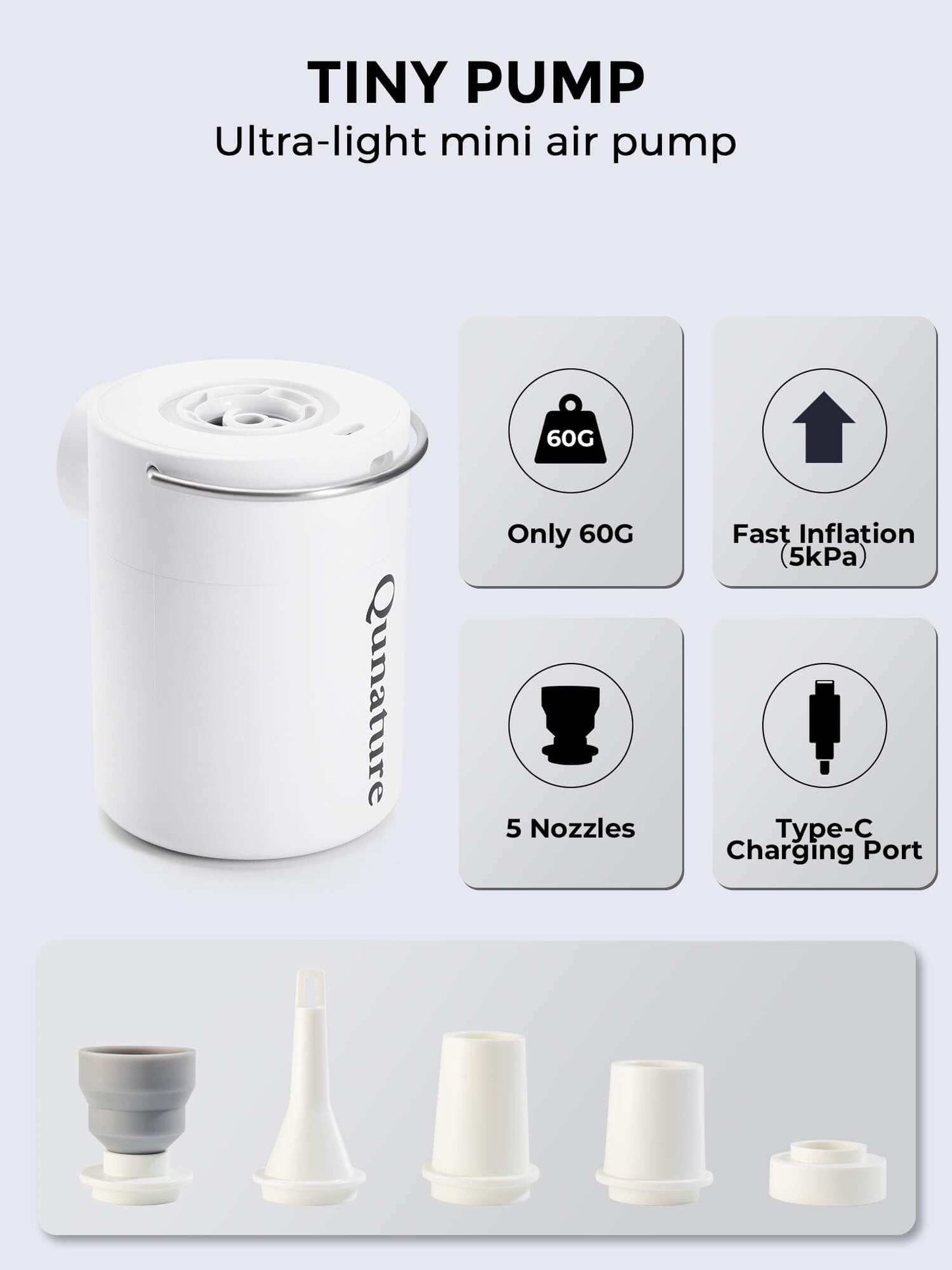 Qunature Atomic Mini electric portable air pump with 3-in-1 inflator, deflator, LED light, and multiple nozzle adapters for camping and travel.