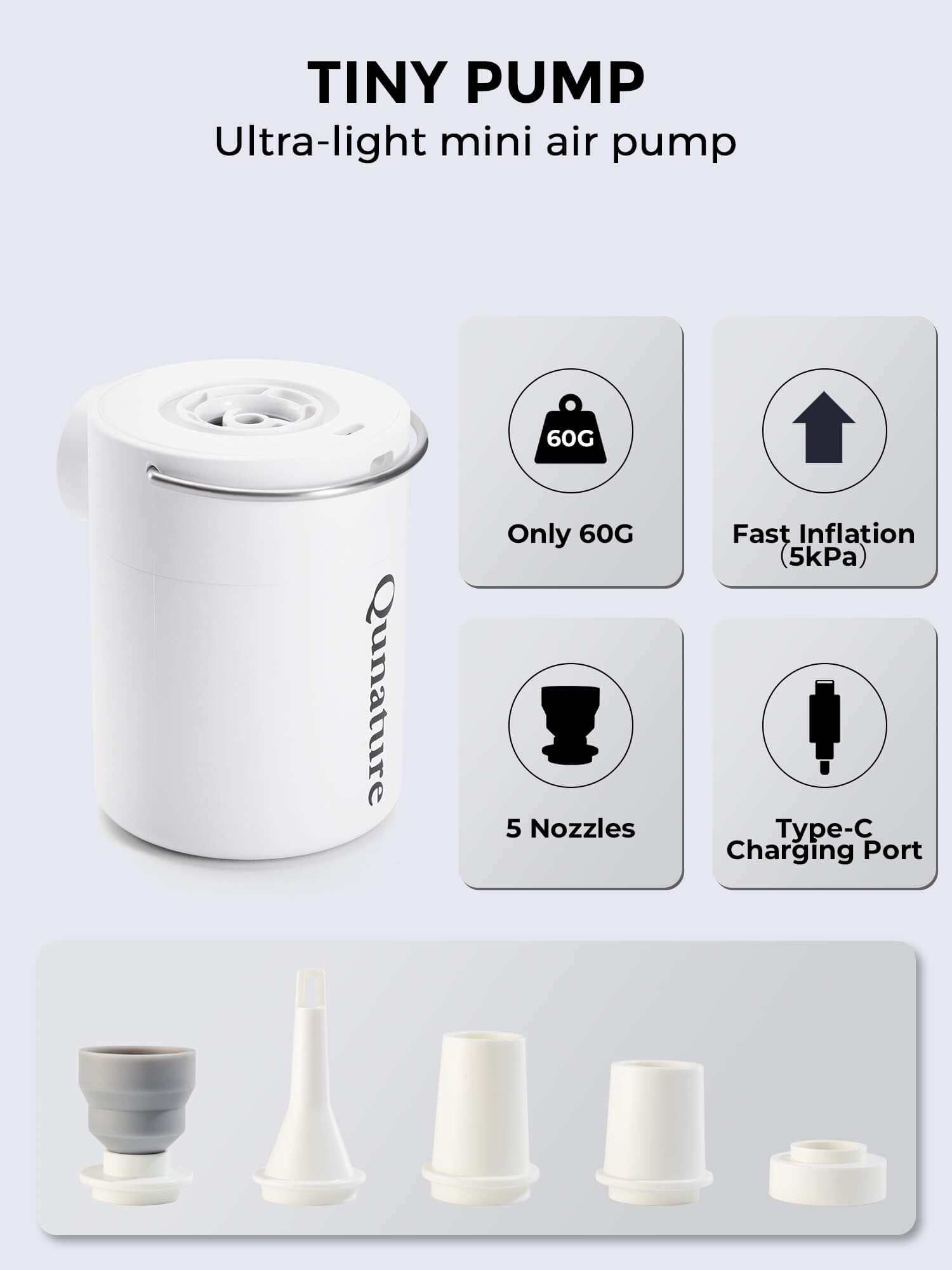 Qunature Atomic Mini electric portable air pump with 3-in-1 inflator, deflator, LED light, and multiple nozzle adapters for camping and travel.