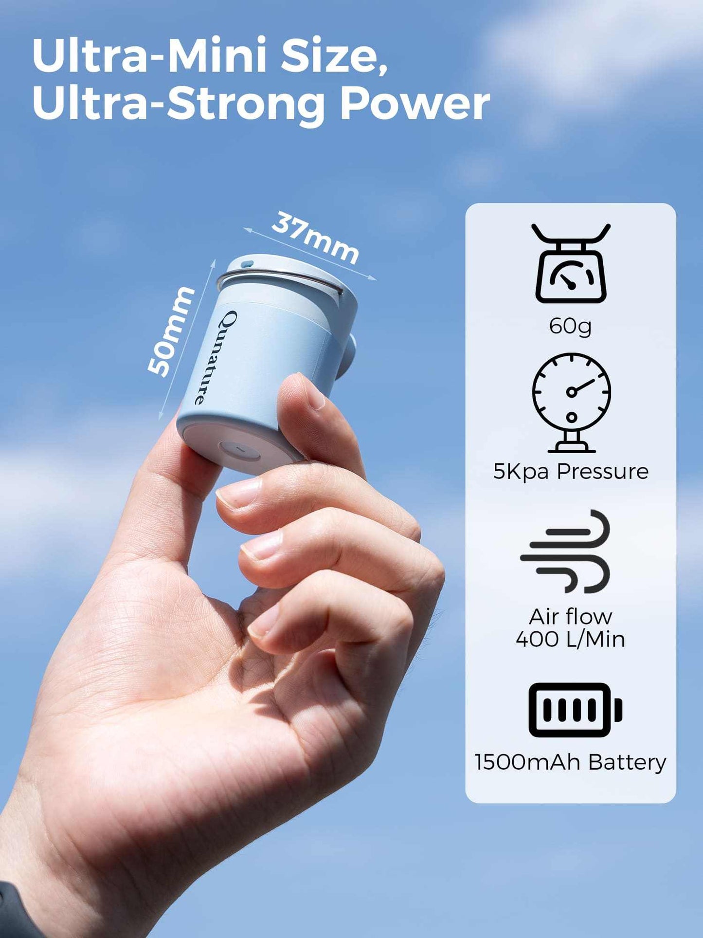 Qunature Atomic Mini Electric Air Pump compact portable inflator with LED light and multiple nozzles for camping and travel