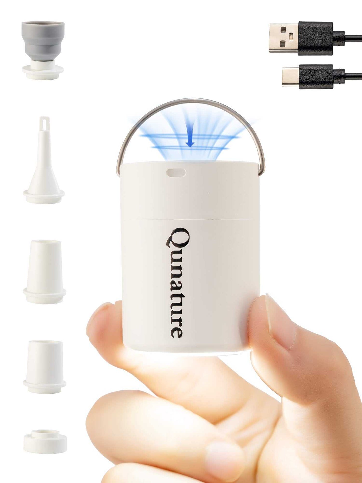 Qunature Atomic Mini electric air pump compact portable inflator with LED light and multiple nozzles for camping and travel