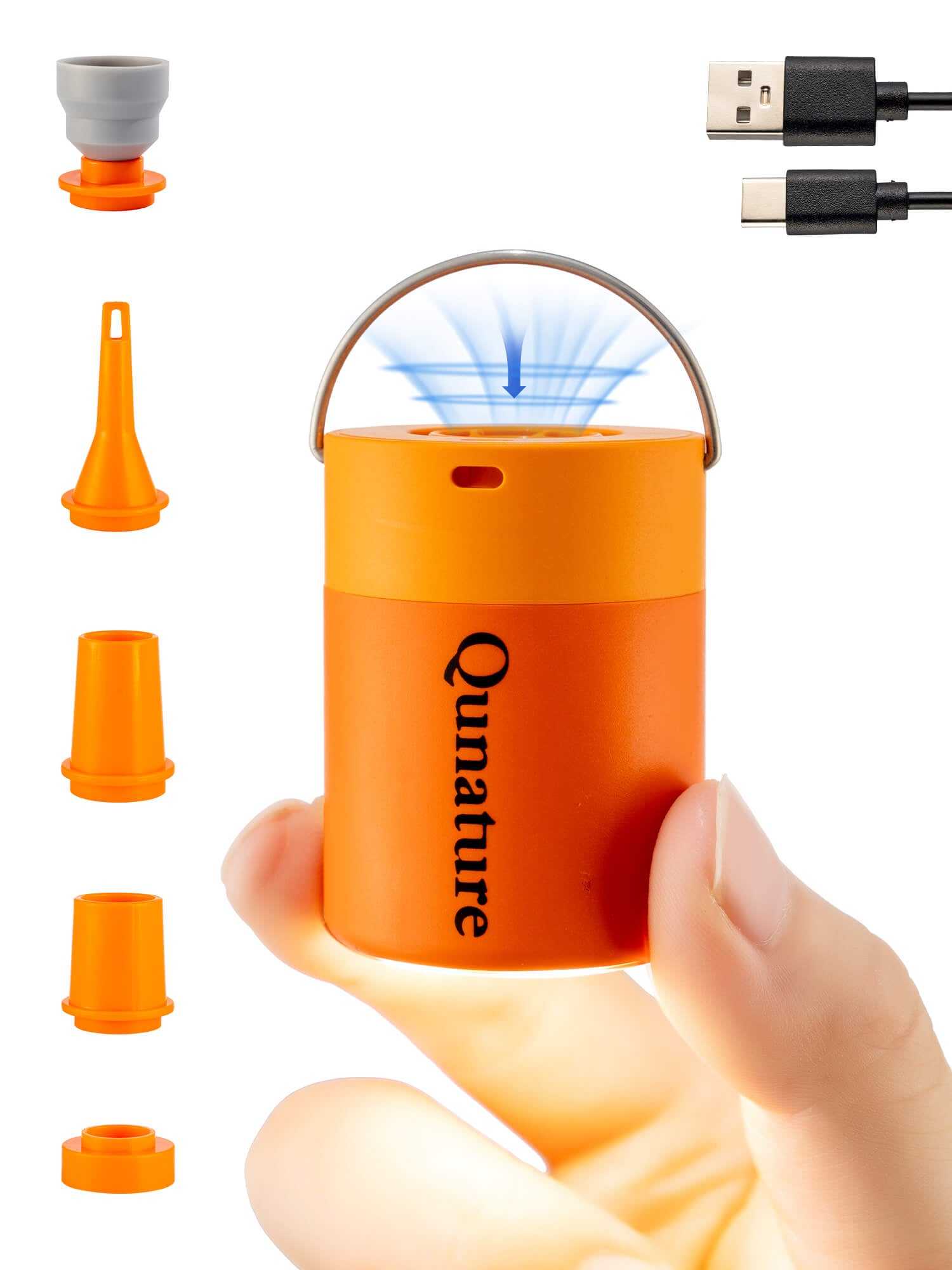 Qunature Atomic Mini compact electric air pump with USB charging and LED light for inflatable gear