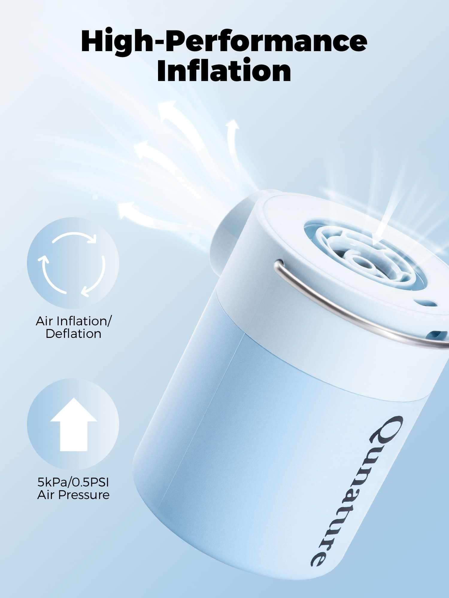 Qunature Atomic Mini compact electric air pump with 3-in-1 inflator, deflator, and LED light for camping and travel