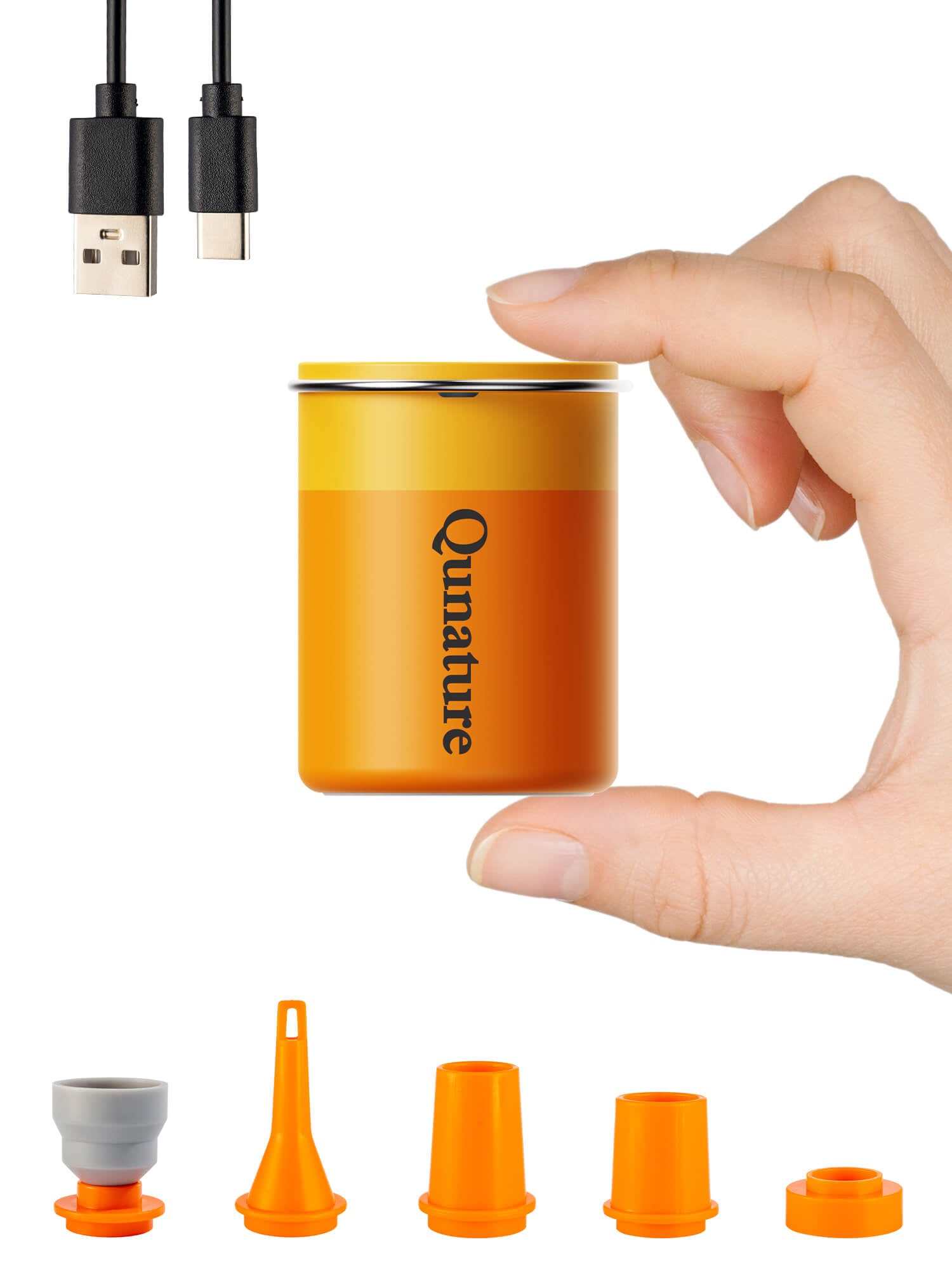 Qunature Atomic Mini 3-in-1 portable electric air pump with LED light and multiple nozzle adapters for camping and travel inflation tasks