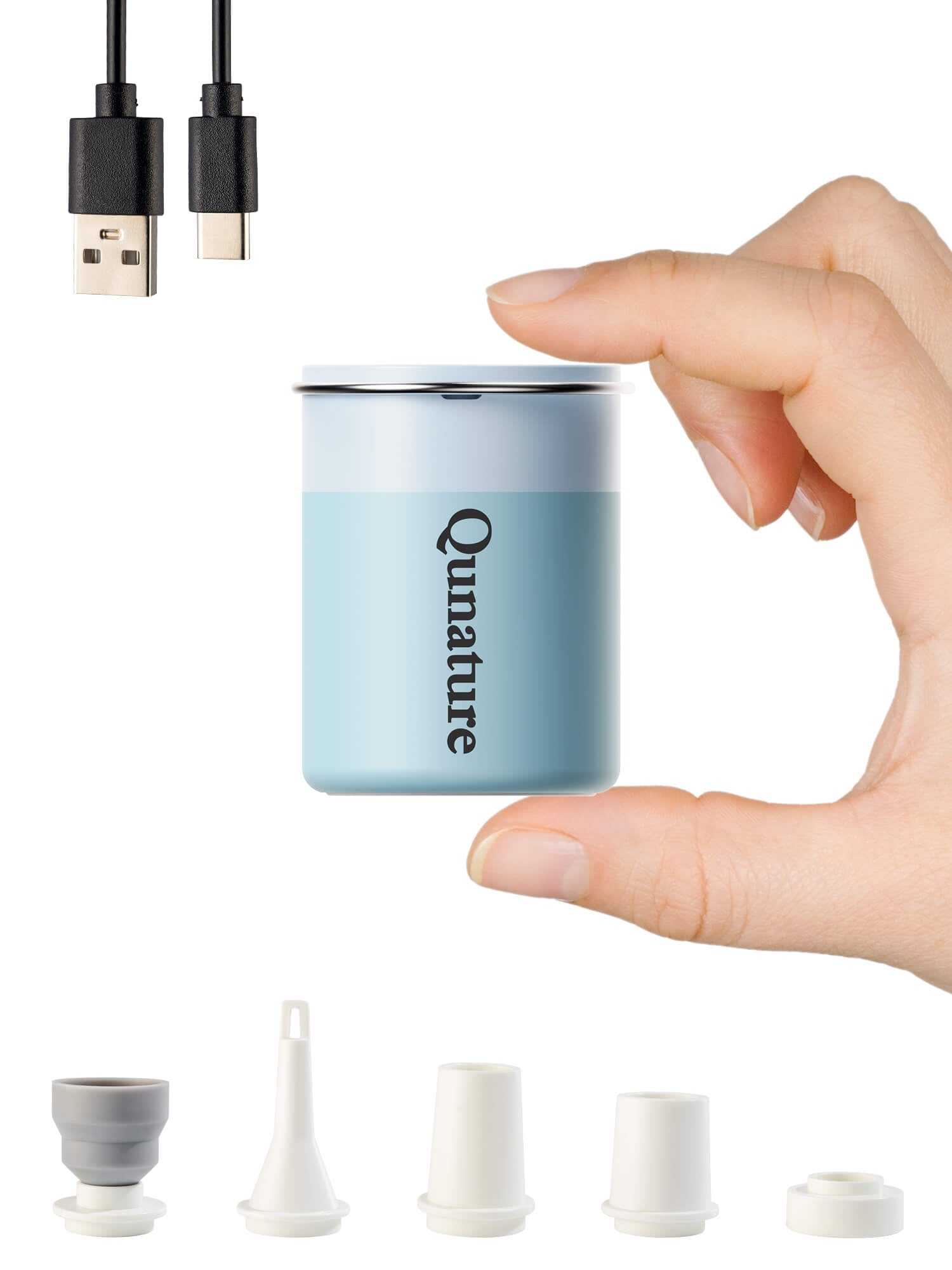 Qunature Atomic Mini portable electric air pump with 3-in-1 inflator, deflator, and LED light, compact and rechargeable for camping and travel