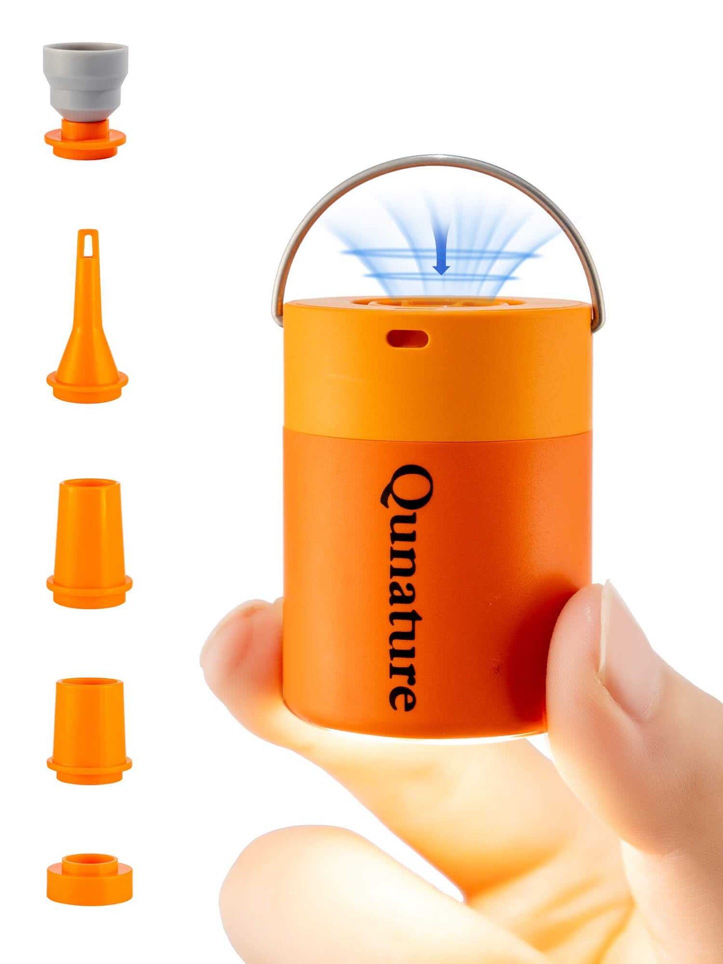 Qunature Atomic Mini compact electric air pump with 3-in-1 inflator, deflator, and LED light for camping and travel
