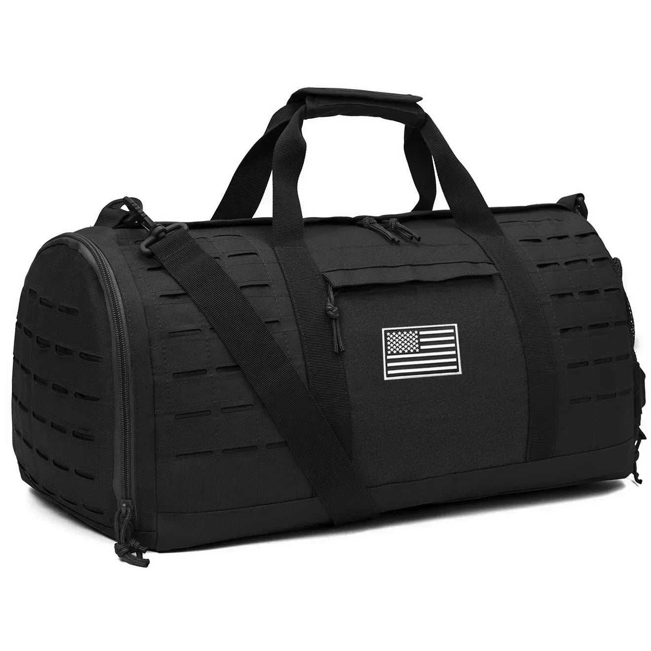 Black MOLLE Gear Duffle 40L tactical gym and travel bag with multiple compartments and shoulder strap