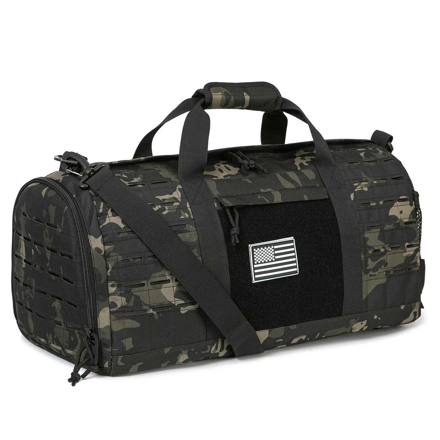 Black MOLLE Gear Duffle bag with multiple compartments and durable straps for gym and travel use