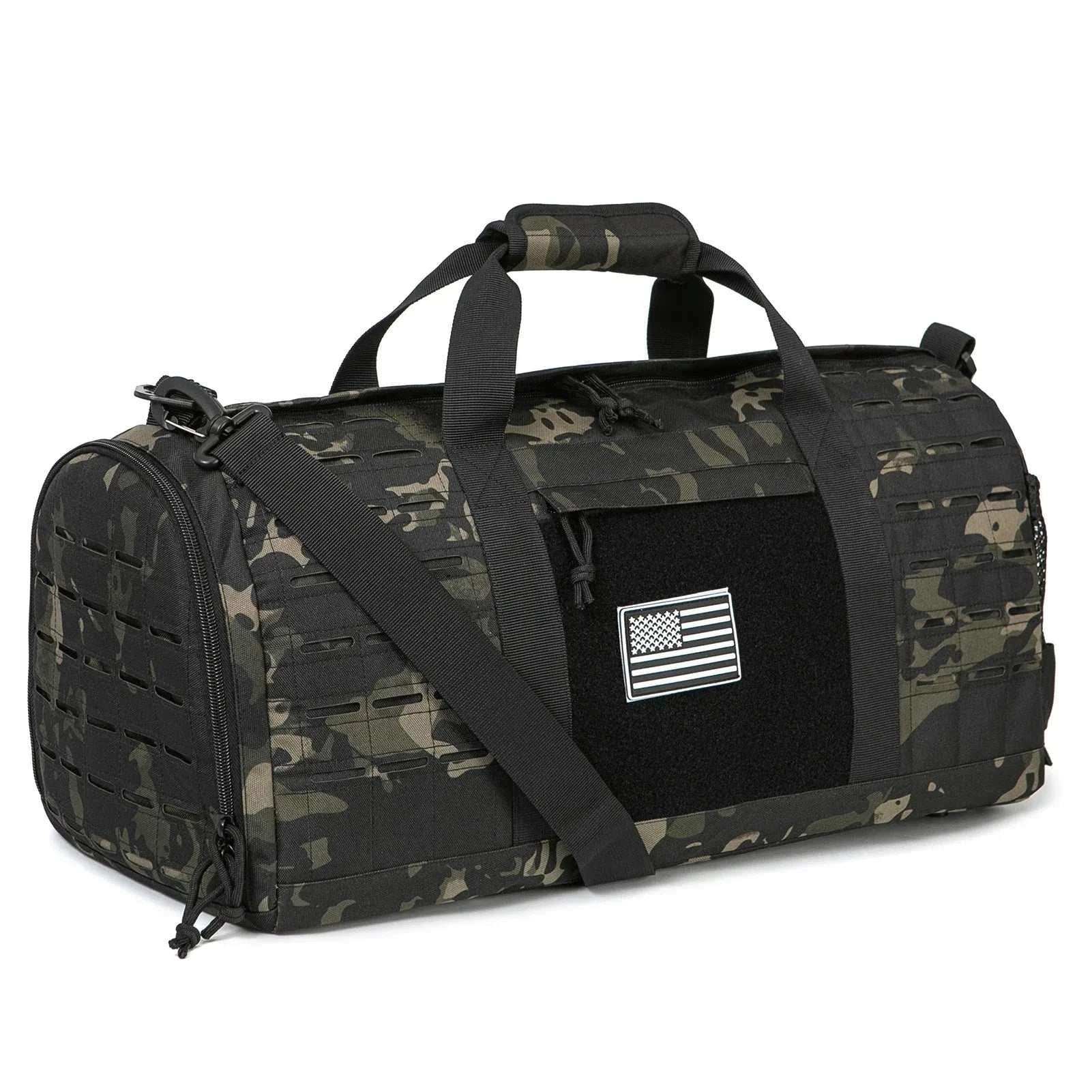 Black MOLLE Gear Duffle bag with multiple compartments and durable straps for gym and travel use