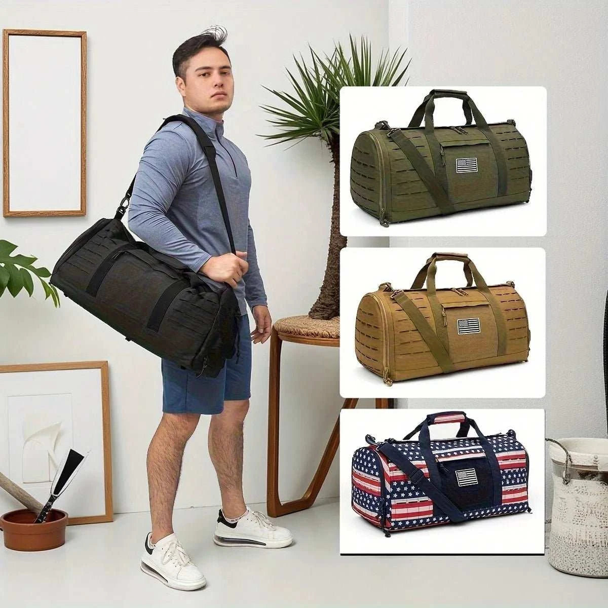 Black MOLLE Gear Duffle Gym Bag with 40L capacity and multiple compartments for sports and travel gear