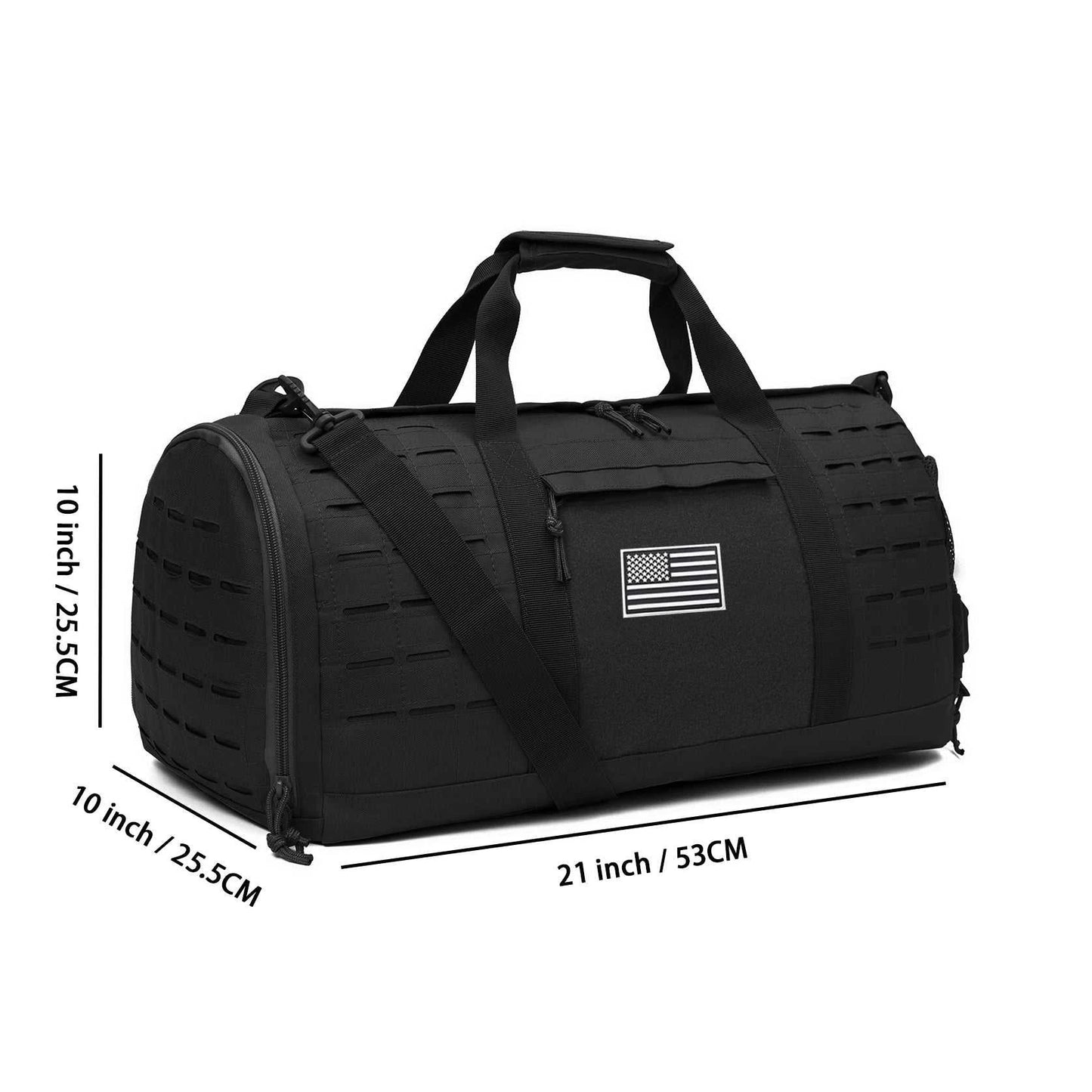 Black MOLLE Gear Duffle Gym Bag with 40L capacity, water-resistant rugged polyester, and multiple compartments for workout and travel gear