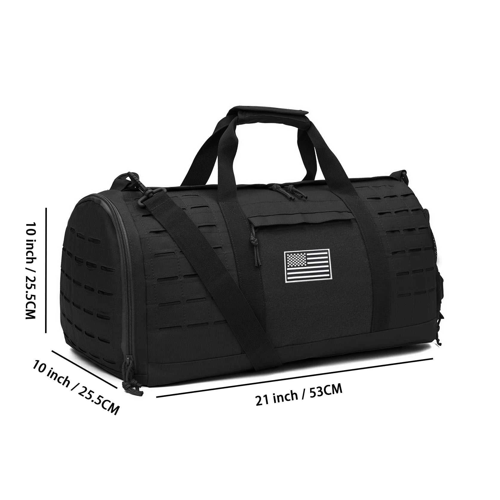 Black MOLLE Gear Duffle Gym Bag with 40L capacity, water-resistant rugged polyester, and multiple compartments for workout and travel gear