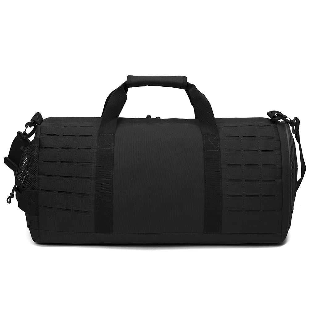 Black MOLLE Gear Duffle gym bag with multiple compartments and adjustable straps for tactical travel and workouts